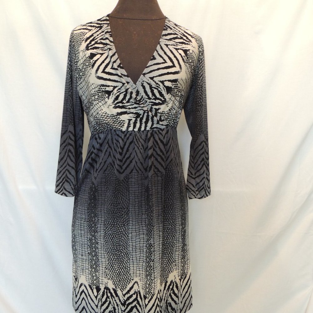 Chico's Sz 0 Dress Empire Waist Surplice Zebra Print 3/4 Sleeves Small